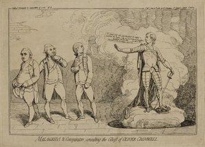 Malagrida en samenzweerders, raadplegen de geest van Oliver Cromwell, gepubliceerd 10 juni 1782 (ets op laid papier ingelegd op wove papier) door James Gillray