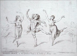 Moderne gratie, of de operafinale van het ballet van Alonzo e caro, uitgegeven door Hannah Humphrey in 1796 door James Gillray
