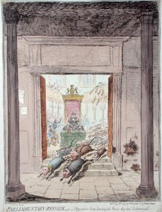 Parlementaire hervorming, of oppositieratten die het huis verlaten dat ze ondermijnd hebben door James Gillray
