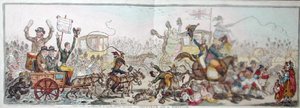 Op weg naar de verkiezing: een scène op de weg naar Brentford, uitgegeven door Hannah Humphrey in 1806 door James Gillray