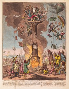 Belegering van de Pompeiuszuil, wetenschap in de schandpaal, uitgegeven 1799 door James Gillray