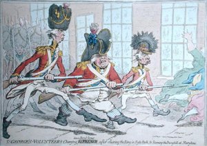Vrijwilligers van St. George die Bond Street aanvallen, na het opruimen van de ring in Hyde Park en het bestormen van de mesthoop in Marybone door James Gillray