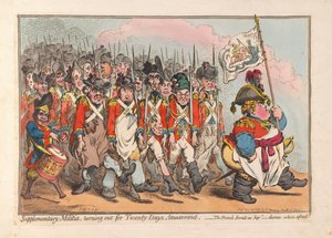 Aanvullende militie, voor twintig dagen vermaak, uitgegeven 1796 door James Gillray