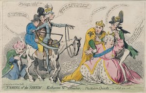Het temmen van de feeks: Katherine en Petruchio, of De moderne Quixote, uitgegeven door S.W. Fores in 1791 door James Gillray