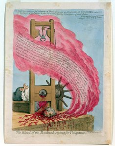 "Het bloed van de vermoorde schreeuwt om wraak", de executie van Louis XVI (1754-93) door de guillotine, gepubliceerd door Hannah Humphrey door James Gillray