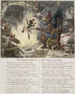 The Corsican Pest, or Belzebub Going to Supper, uitgegeven door Hannah Humphrey in 1803 (handgekleurde ets) door James Gillray
