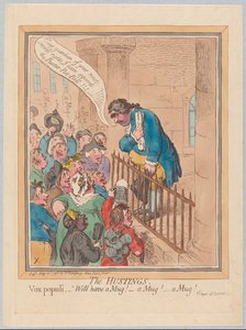De verkiezingsbijeenkomst. Vox Populi Well have a Mug! A Mug! A Mug!, uitgegeven 1796 door James Gillray