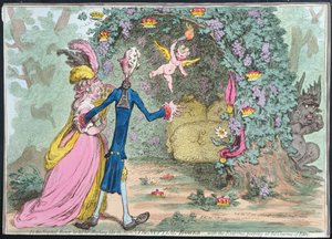 De huwelijksboog met de boze die naar de charmes van Eden gluurt, gepubliceerd door Hannah Humphrey in 1797 door James Gillray