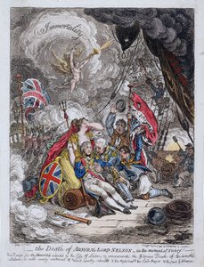 De dood van admiraal Horatio Nelson (1758-1805) op het moment van de overwinning door James Gillray