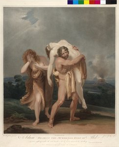 Adam draagt naast Eva het dode lichaam van Abel naar huis
