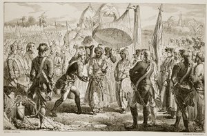 De ontmoeting van Lord Clive met Meer Jaffier, na de Slag bij Plassey, gegraveerd door Thomas Williams door James Godwin