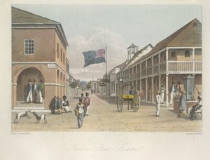Uitzicht op Harbour Street, Kingston (kijkend naar het oosten) uit Een schilderachtige tour op het eiland Jamaica, van tekeningen gemaakt in de jaren 1820 en 1821