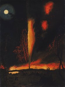 Brandende oliebron bij nacht, bij Rouseville, Pennsylvania door James Hamilton