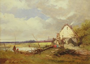 Vissers bij een huisje aan de rivier