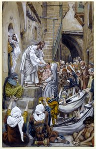 En de hele stad verzamelde zich bij de deur, illustratie voor Het leven van Christus door James Jacques Joseph Tissot
