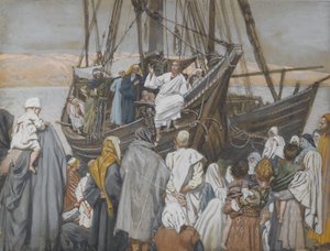 Jezus predikt in een schip, illustratie uit Het leven van onze Heer Jezus Christus door James Jacques Joseph Tissot