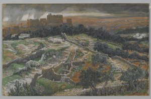 Reconstructie van Golgotha en het Heilig Graf, gezien vanaf de Gerechtsdeur, illustratie uit Het leven van onze Heer Jezus Christus
