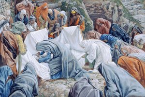 De heilige maagd kust het gezicht van Christus voordat het in de lijkwade wordt gewikkeld, illustratie voor Het leven van Christus