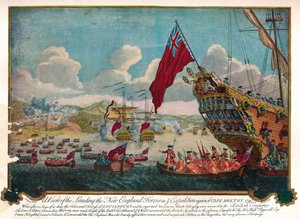 De landing van troepen uit New England op het eiland Cape Breton om Louisbourg aan te vallen door James L. Brooks