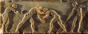 Oude Griekse atleten afgebeeld op een bas-reliëf uit de 6e eeuw v.Chr. Nationaal Archeologisch Museum. door James L Stanfield