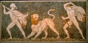 Mozaïek dat Alexander de Grote en Hephaestion toont die een leeuw doden. Pella Archeologisch Museum door James L Stanfield