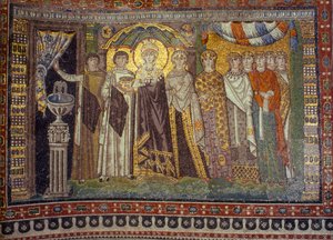 Mozaïeken tonen keizerin Theodora geflankeerd door haar bedienden. San Vitale Kerk, Ravenna, Italië door James L Stanfield