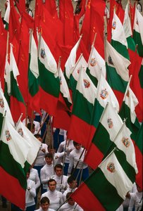 Processie van Bulgaarse vlaggen tijdens de nationale feestdag. Sofia, Bulgarije door James L Stanfield