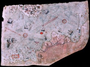 De kaart van Piri Reis Haritasi voltooid in 1513. TOPKAPI PALEIS MUSEUM, ISTANBUL, TURKIJE. door James L Stanfield