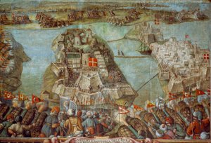 Dit fresco toont het Turkse beleg van Malta in 1565 door James L Stanfield