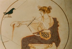 Wit-grond kylix versierd met een voorstelling van Apollo. De god zit op... door James L Stanfield