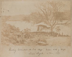 Het voorlezen van een ultimatum aan Zulu-hoofden aan de Natal-kant van Drift Lower Tugela, 11 december 1878 door James Lloyd