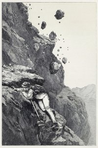 Een kanonnade op de Matterhorn, uit Scrambles amongst the Alps in de jaren 1860-69, uitgegeven 1871 (gravure) door James Mahoney