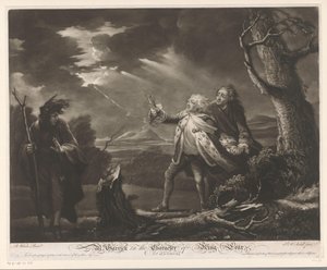 David Garrick als koning Lear met de graaf van Kent en Edgar vermomd als Tom in een stormachtig landschap