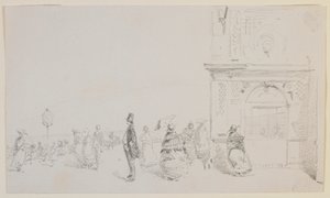 Een groep figuren op een esplanade