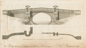 Weston-under-Lizard - Brug bij de ingang van Weston Park: gravure door James Paine