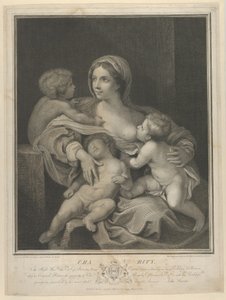 Liefdadigheid zittend met een zuigeling, een ander slapend op haar schoot en een derde pratend met haar, 1793 door James Parker