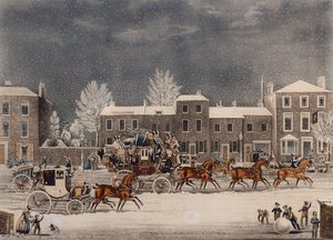 Thuis voor Kerstmis (gekleurde gravure)