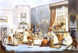 Passagiers van de postkoets bij het ontbijt (gravure)