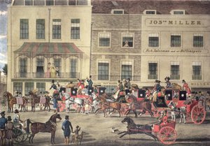 West Country Mails bij het Gloucester Coffee House, Piccadilly, gegraveerd door C. Rosenberg, 1828