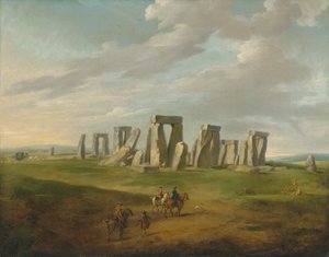 Stonehenge met een koets en reizigers te paard