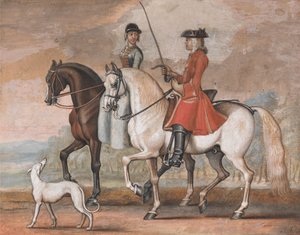 Een heer op een getraind paard die met een dame uitrijdt door James Seymour