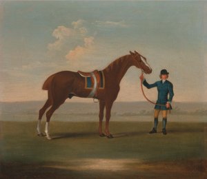 Een van vier portretten van paarden - een kastanjebruin paard (? Old Partner) vastgehouden door een stalknecht: staand naar rechts, met blauwe zadeldoek met gouden rand; de stalknecht in blauw...