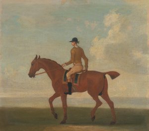 Een van vier portretten van paarden - een kastanjebruin renpaard met jockey: lopend naar links; jockey in buff-gele jas