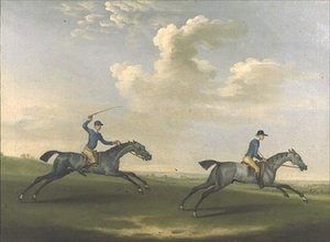 Twee renpaarden worden geoefend door James Seymour