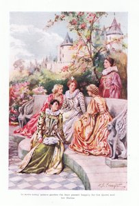 In een zonnige paleistuin verliepen de dagen gelukkig voor de koningin en haar helpers door James Shaw Crompton
