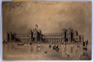 Perspectieftekening van het voorgestelde nieuwe parlementsgebouw van de kunstenaar door James Thomas Knowles