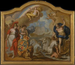 Allegorie op de macht van Groot-Brittannië over zee, ontwerp voor een decoratief paneel voor de ceremoniële koets van George I door James Thornhill