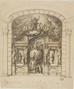 Ontwerp voor toneeldecor (Hampton Court) met mythologische figuren door James Thornhill