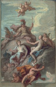 Juno, Minerva en Venus sturen Mercurius met de appel van onenigheid, ca. 1718 door James Thornhill