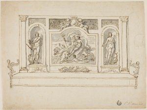 Neptunus en Amphitrite geflankeerd door Jupiter en Juno: ontwerp voor geschilderde hal- of tuinbank door James Thornhill